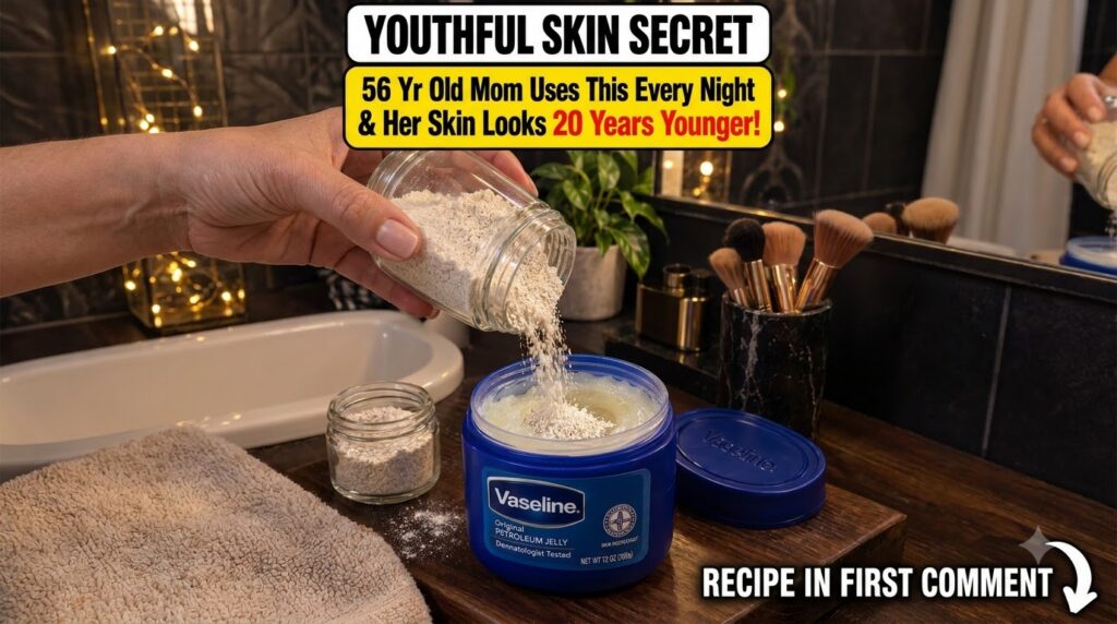 Hands mixing white rice powder into a blue tub of Vaseline petroleum jelly on a bathroom vanity