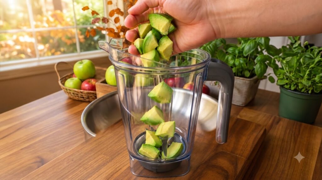 A hand dropping diced avocado pieces into a clear blender pitcher with some cubes suspended in mid-air and others at the
