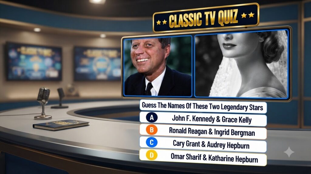 A Classic TV Quiz interface showing two partial portraits a smiling man on the left and a black-and-white close-up of a 