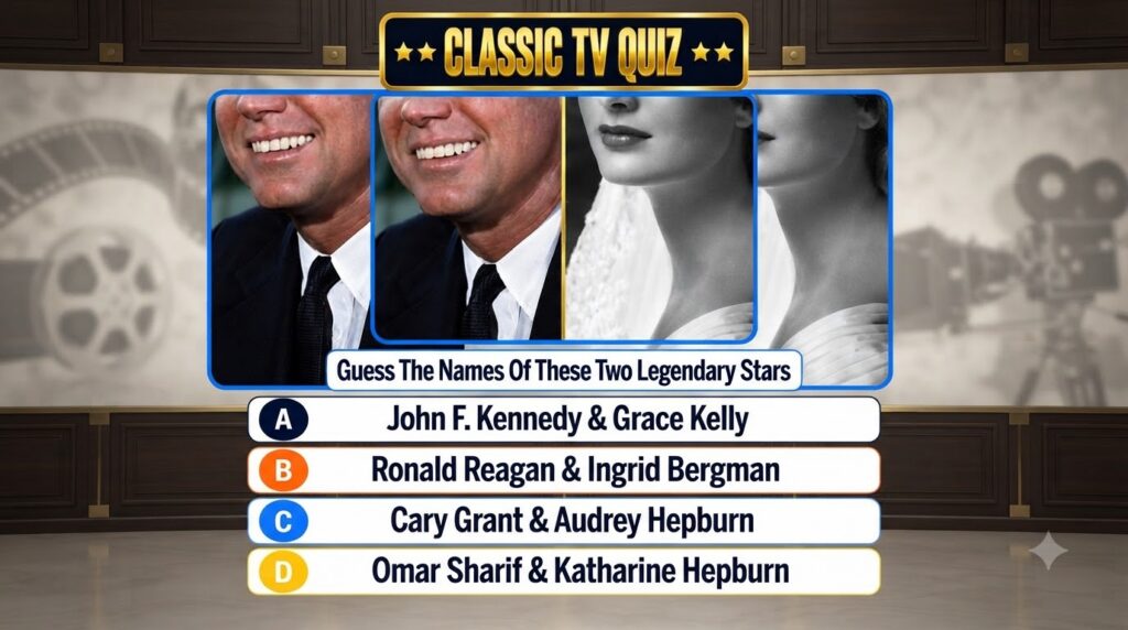 A CLASSIC TV QUIZ graphic featuring the lower half of a man s smiling face in color suit and tie and the lower face and