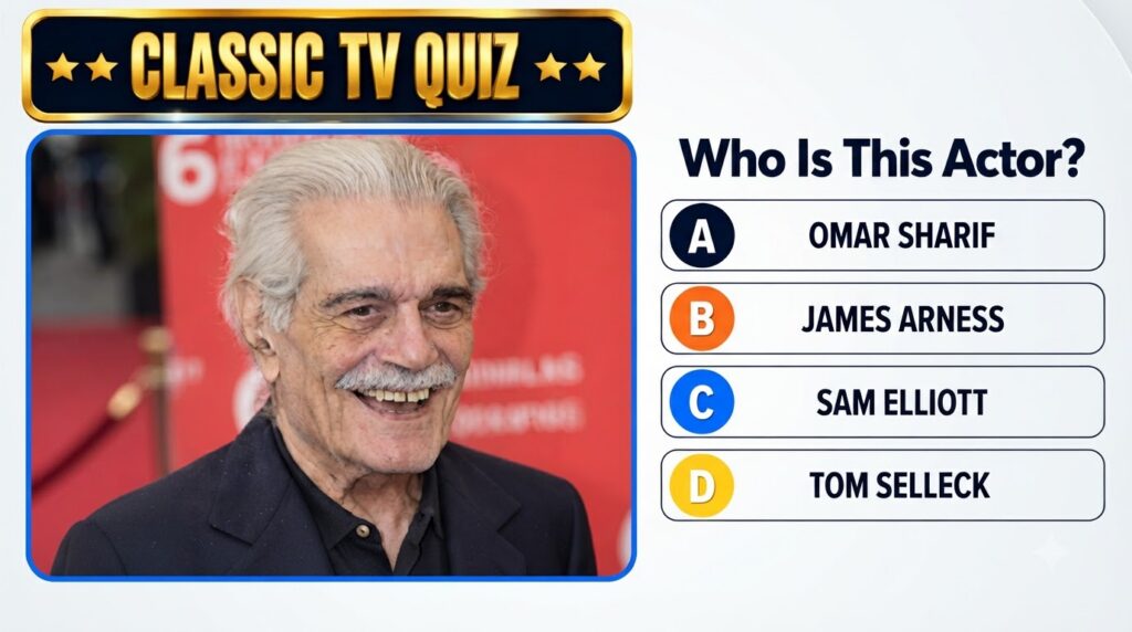 A quiz interface showing a headshot of Omar Sharif in his later years with the question Who Is This Actor and multiple c