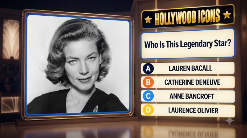 Black and white portrait of a young Lauren Bacall with a low chin and upward gaze set within a vintage Hollywood quiz in