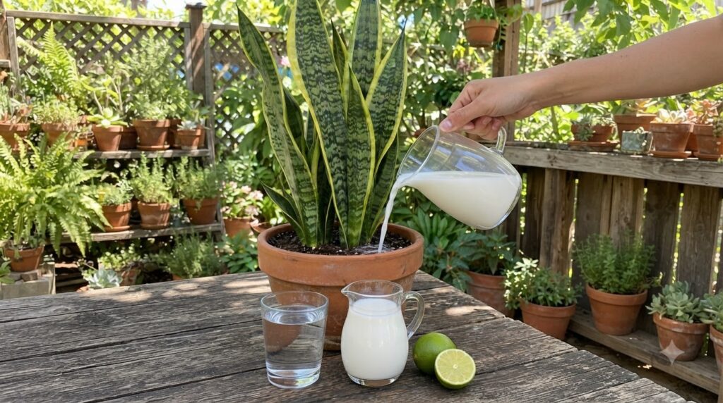 Close-up of a snake plant in a terracotta pot receiving a pour of a white liquid milk from a glass pitcher On a wooden t