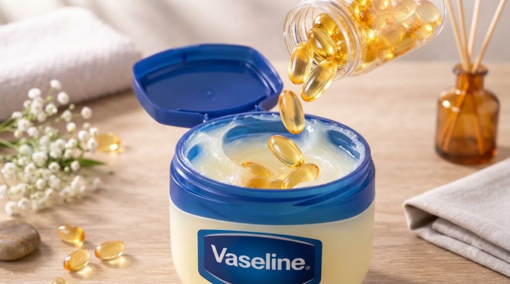 Close-up of a Vaseline petroleum jelly tub with golden oil-filled capsules falling into the smooth white jelly with a sp