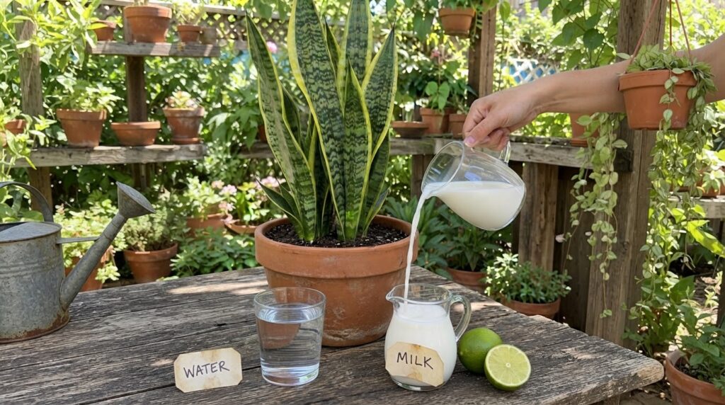 A hand pouring a diluted milk and lime mixture into the soil of a snake plant in a terracotta pot on a rustic wooden tab