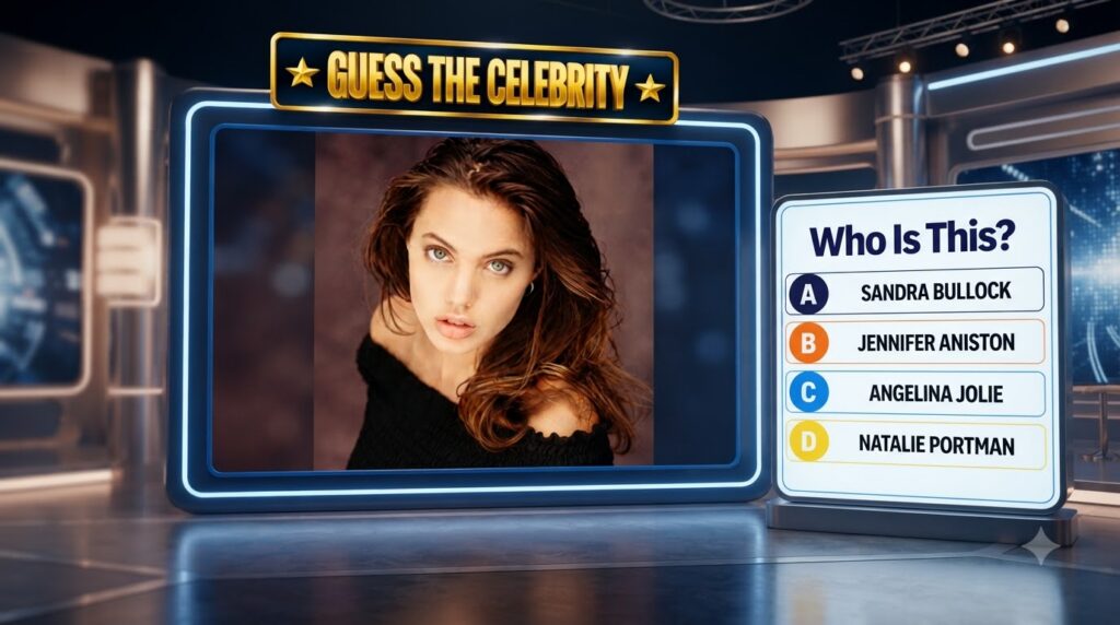 A Guess The Celebrity game screen featuring a headshot of a young Angelina Jolie with light eyes damp dark hair and slig