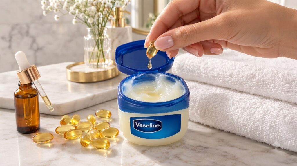 A hand holding a golden liquid-filled capsule over an open tub of Vaseline petroleum jelly with a drop about to fall Oth