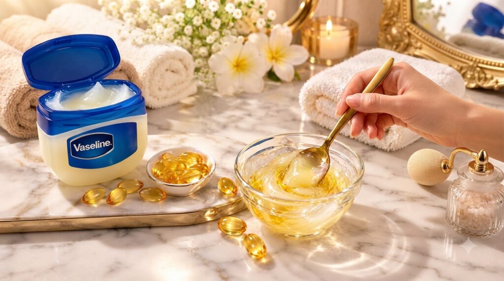 An open jar of Vaseline a bowl with Vaseline being mixed with a golden liquid using a spoon and several golden vitamin E