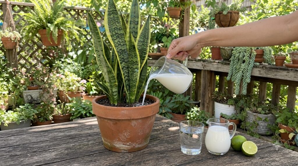 A hand pouring a white liquid from a glass pitcher onto the soil of a snake plant in a terracotta pot Two limes and a gl