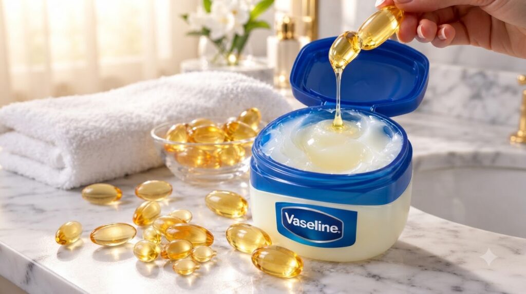A hand holding golden gel capsules pouring liquid into a Vaseline jar on a marble surface with other beauty products blu