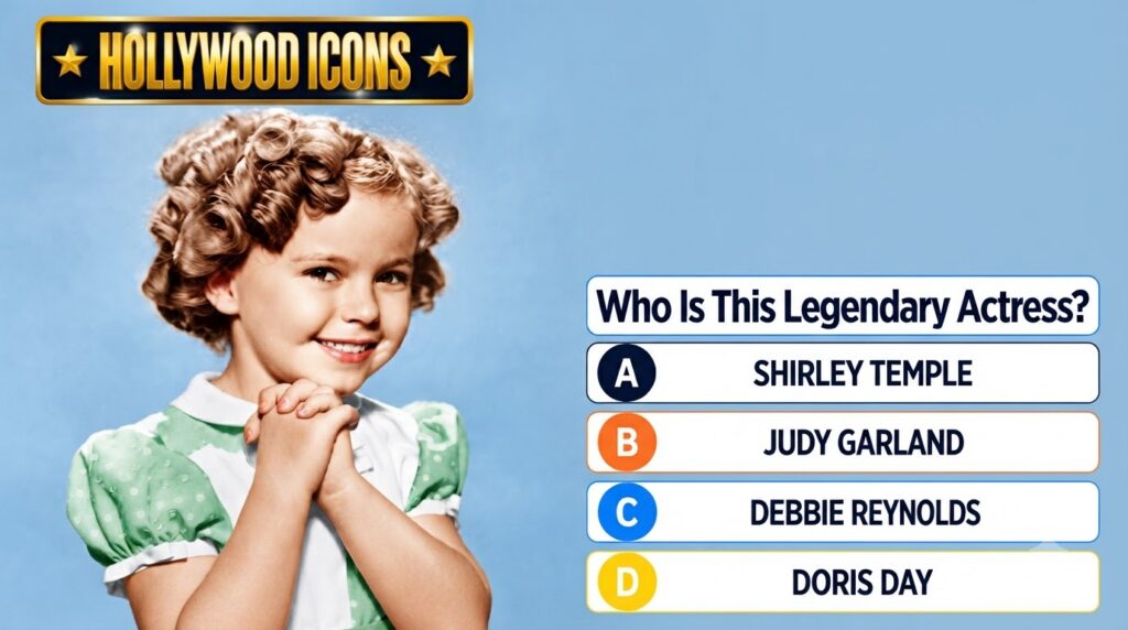 A classic quiz graphic with a colorized headshot of a young Shirley Temple smiling with curly hair The graphic asks Who