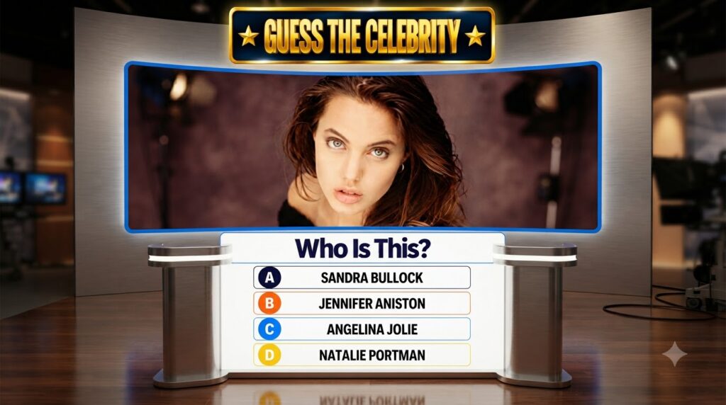 A Guess the Celebrity quiz interface featuring a portrait of a young Angelina Jolie with dark slightly tousled hair and