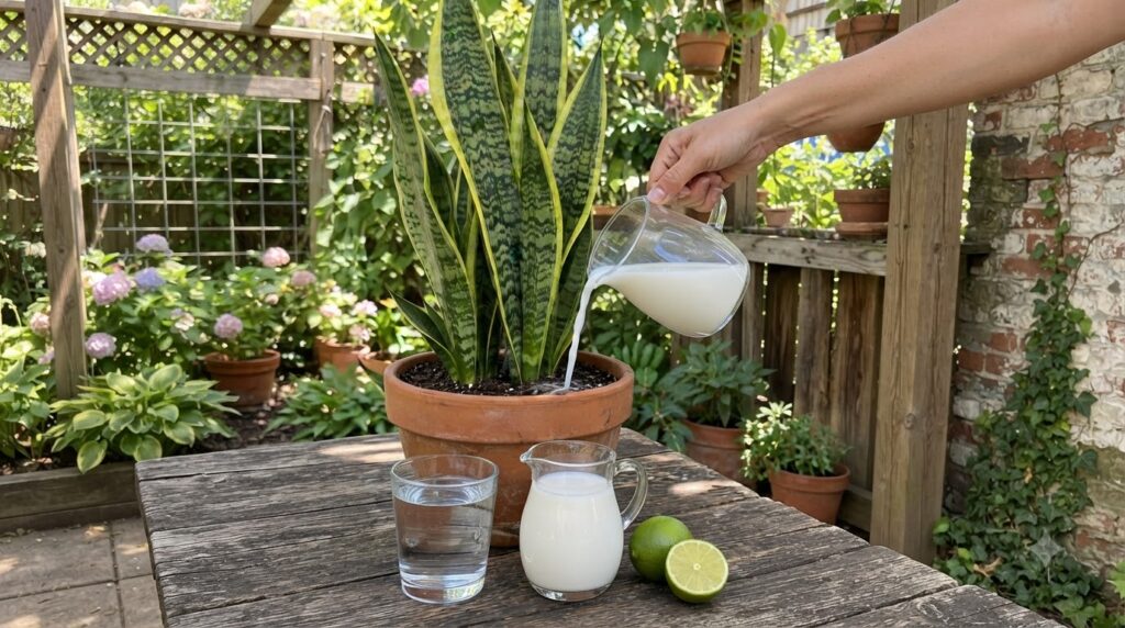 A hand gently pouring a diluted milk and lime mixture into the soil of a potted snake plant On a rustic wooden table a g