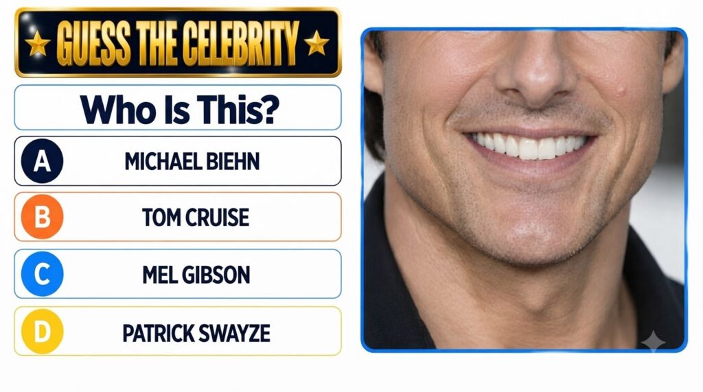 A cropped close-up of a famous actor s smiling face specifically focusing on his mouth nose and chin part of a Guess the