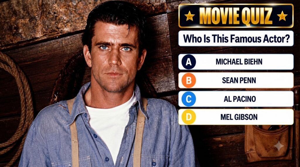 A Movie Quiz interface showing a portrait of Mel Gibson with piercing blue eyes set against a rustic wooden backdrop wea