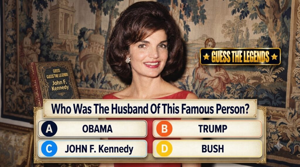 A digital quiz interface featuring a smiling Jacqueline Kennedy Onassis in a red boat-neck dress with pearl earrings The