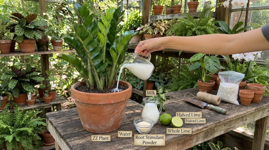 A hand pouring a milky liquid into the soil of a ZZ plant in a terracotta pot with ingredients like milk water brown pow