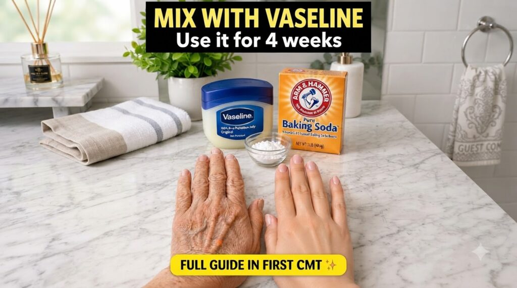Two hands side-by-side on a marble surface one appearing aged and wrinkled the other smooth and youthful In the backgrou