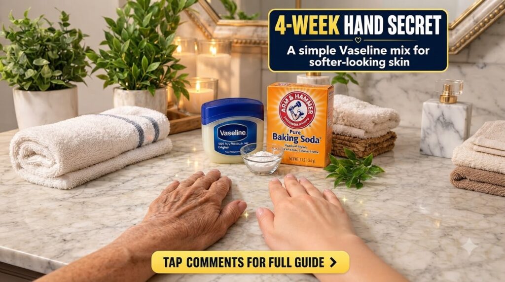 A before and after comparison showing an aged hand next to a visibly smoother hand on a marble countertop Between them a