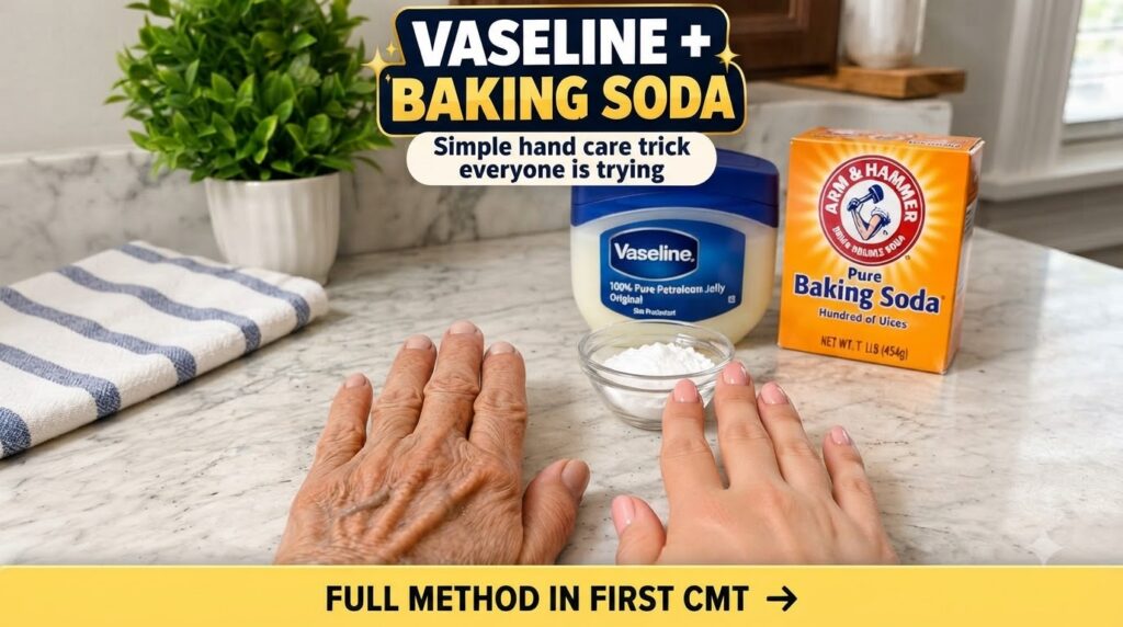 Two hands one visibly older and wrinkled and one younger and smoother are placed side-by-side on a marbled countertop In