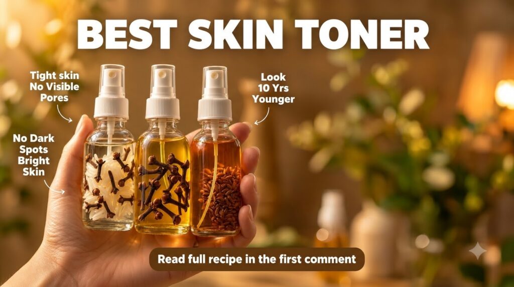 A hand holding three small glass spray bottles each containing natural ingredients like rice cloves and flax seeds suspe