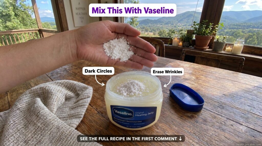 A hand adding white powder to an open jar of Vaseline on a wooden table with soft background lighting from candles and a
