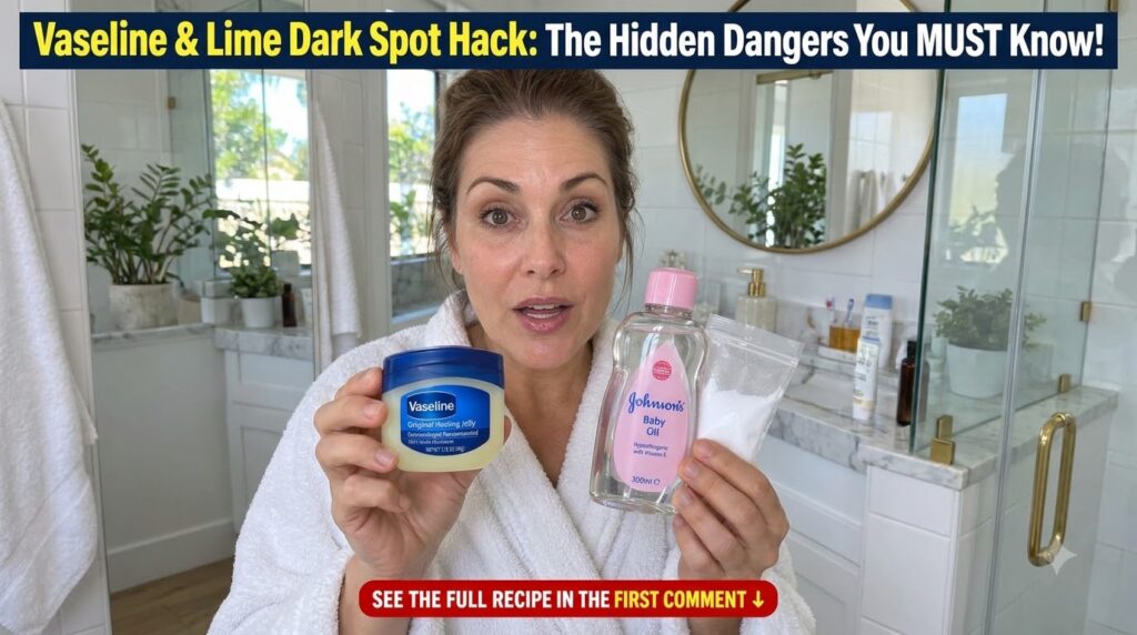 A woman in a white bathrobe holding a jar of Vaseline and a lime with a red X warning overlay illustrating the danger of