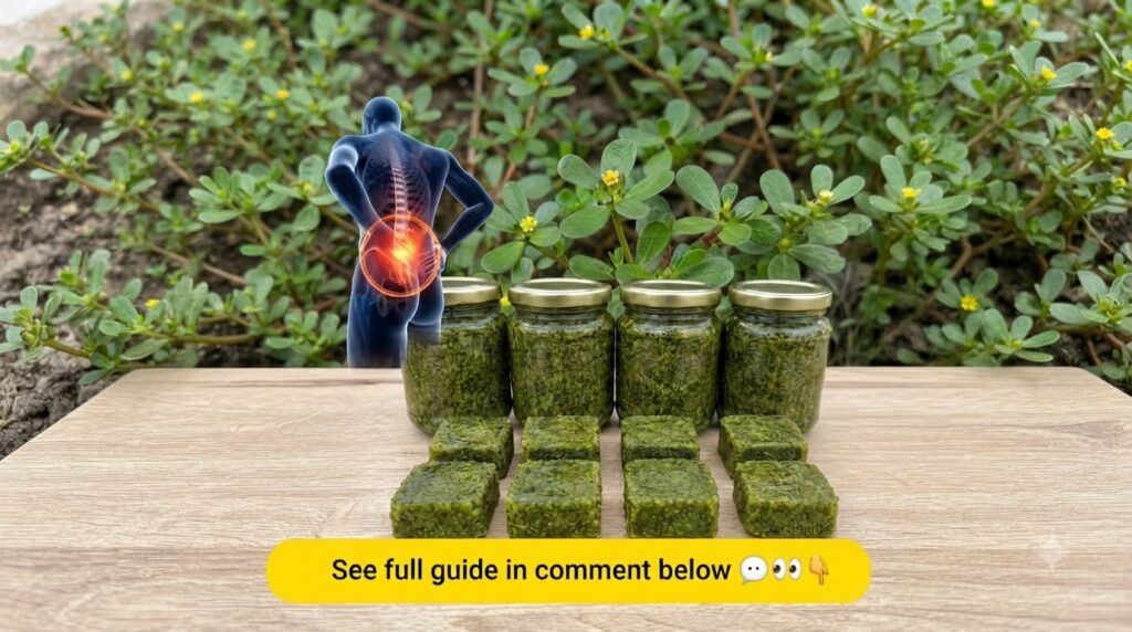 Lush green purslane plants with small yellow flowers with an overlay highlighting the lower back region in red to indica