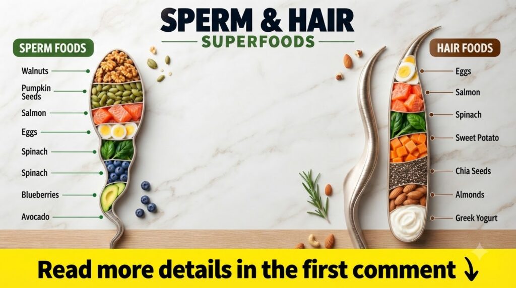 A nutritional infographic showcasing Sperm Foods and Hair Foods within stylized sperm and hair strand shapes with variou