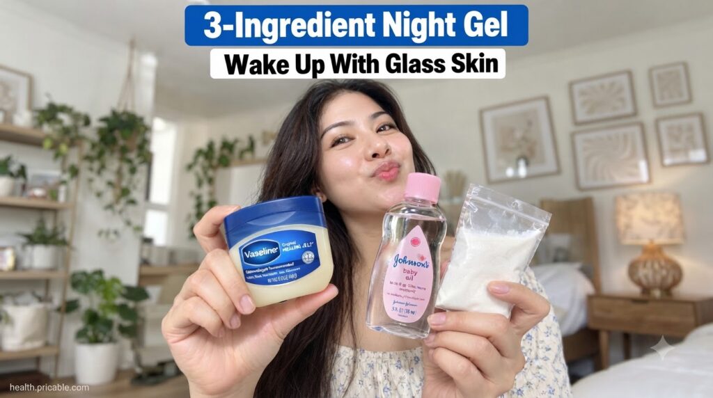 A woman holding a tub of petroleum jelly a bottle of baby oil and a small bag of white powder mimicking the source image