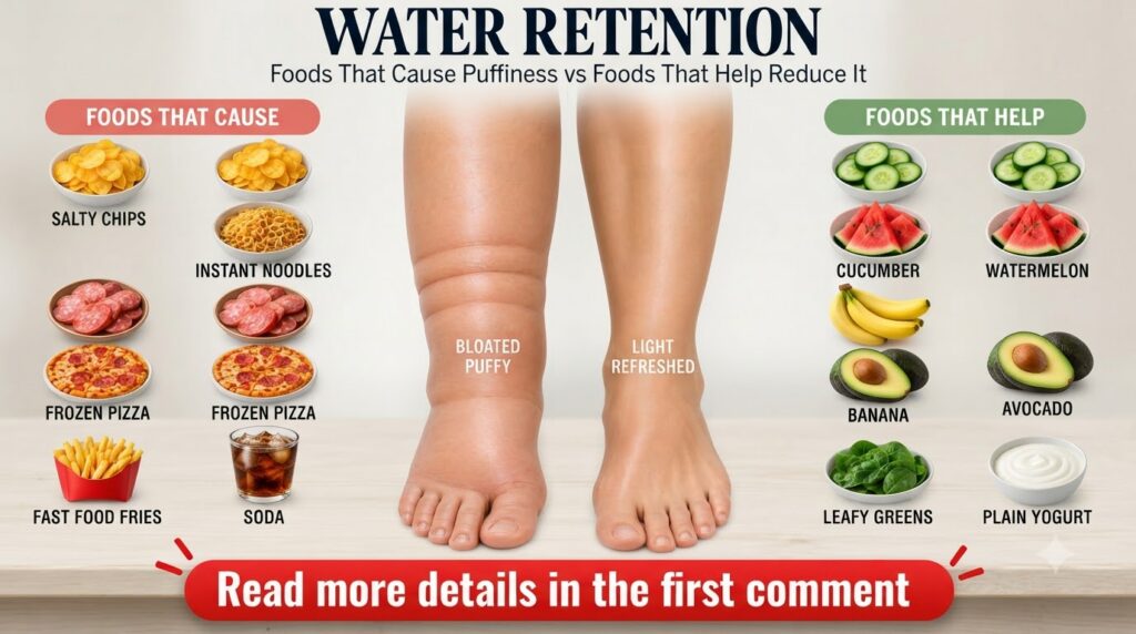 A comparative infographic showing a swollen leg next to foods that cause water retention like salty chips instant noodle