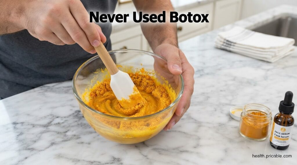 A close-up overhead shot of hands mixing a vibrant yellow granular face mask in a clear glass bowl with a spatula on a w