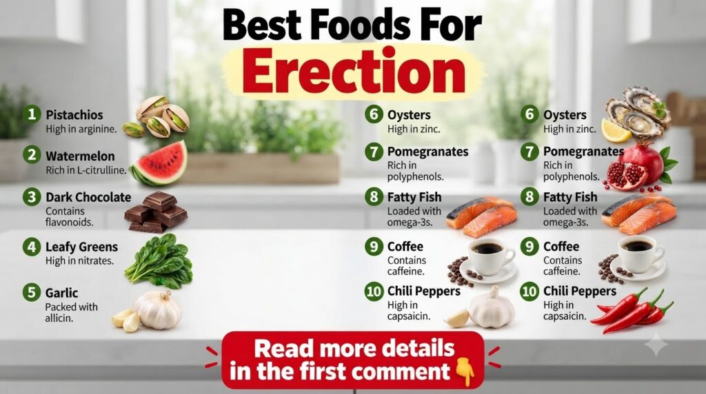 Infographic displaying 10 different vitality-boosting food items with their names and key nutrients
