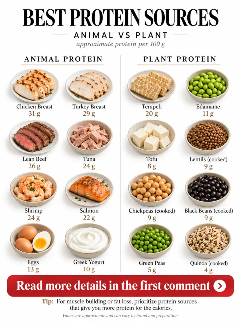 Infographic titled BEST PROTEIN SOURCES comparing 16 different animal and plant proteins labeled with their protein cont