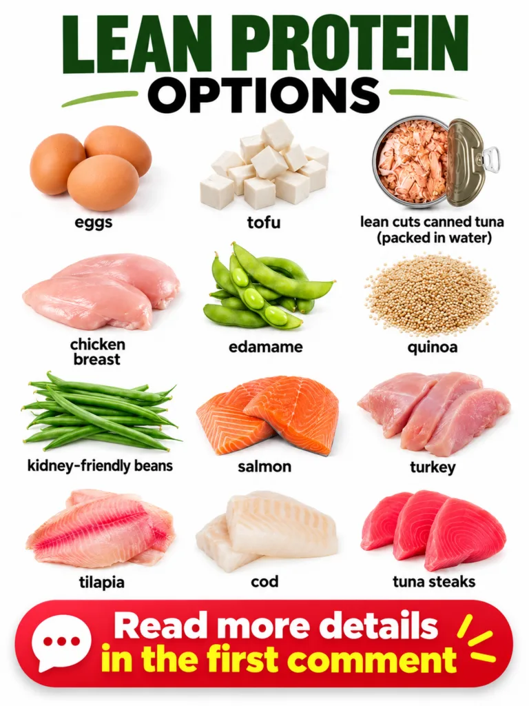 An infographic featuring twelve different lean protein options in a grid against a white background each clearly labeled
