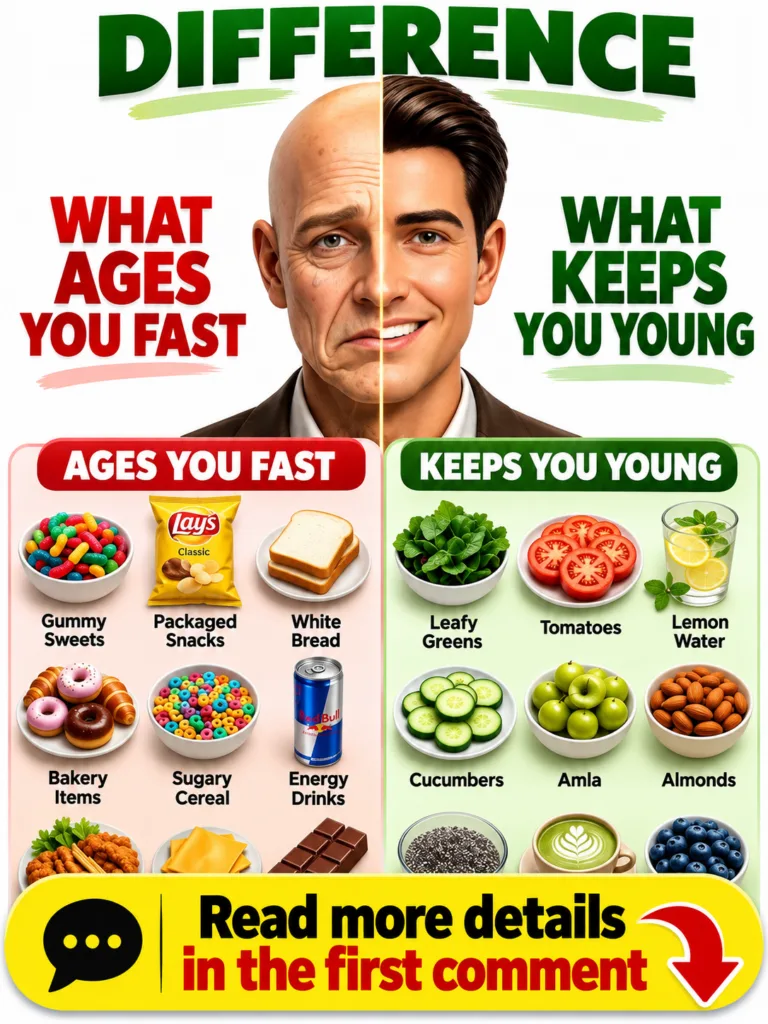 An infographic titled DIFFERENCE comparing WHAT AGES YOU FAST with WHAT KEEPS YOU YOUNG The top shows a man s face split
