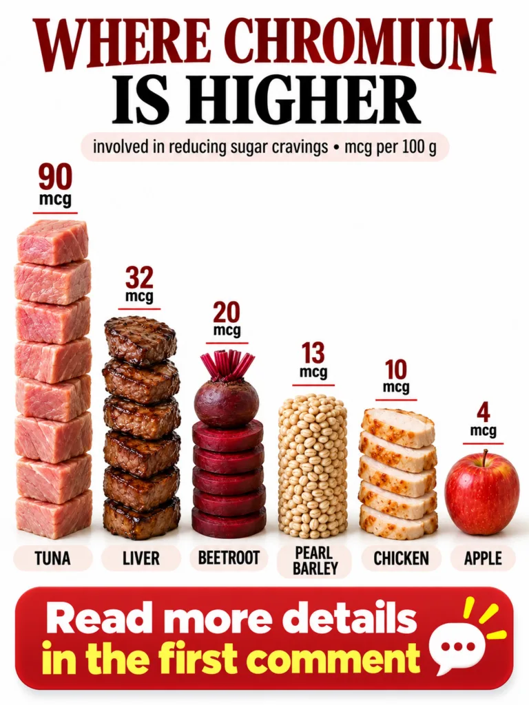 An infographic showing various food items that are high in chromium along with their respective chromium content per 100