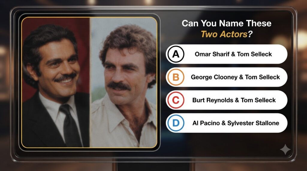 A mobile quiz screen showing two blurred male actors with mustaches one darker-haired one lighter-haired under the quest