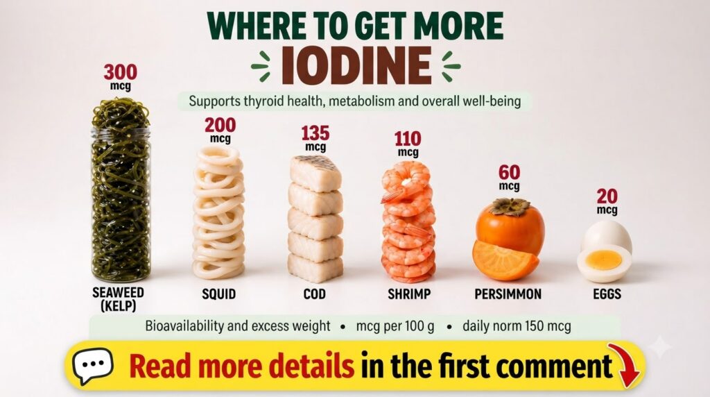 An infographic displaying various food sources rich in iodine including seaweed kelp squid rings cod fillets cooked shri