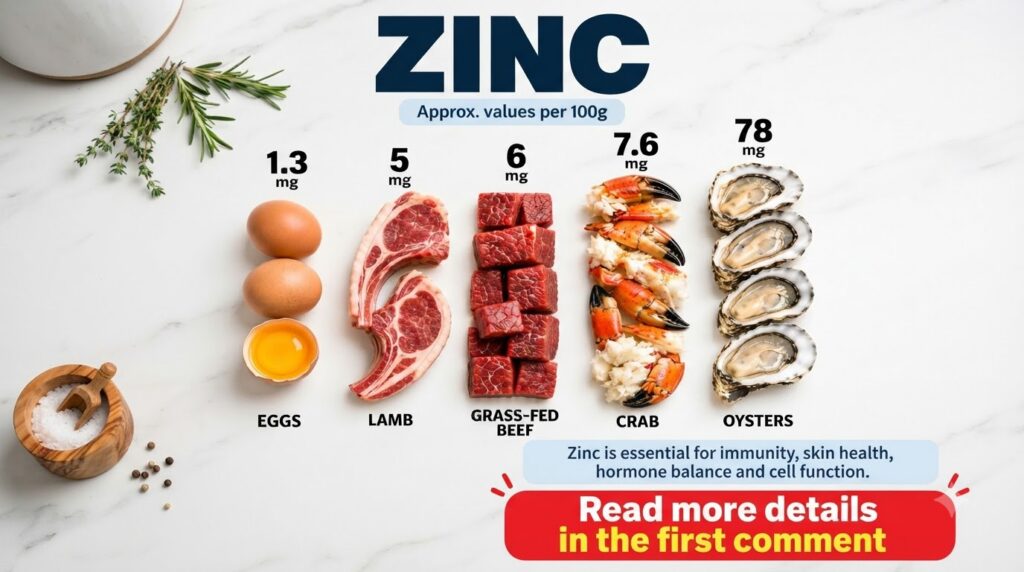 An infographic showing various zinc-rich foods like oysters beef lamb crab and eggs along with their zinc content per 10