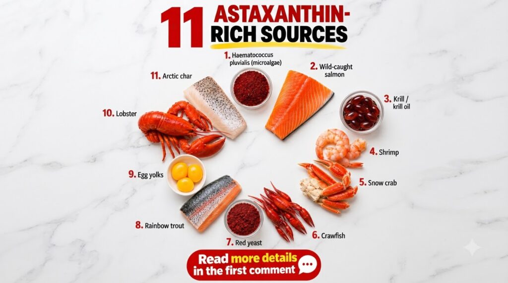 Infographic showing 11 astaxanthin-rich food sources in a circular pattern on a white background Includes salmon arctic 