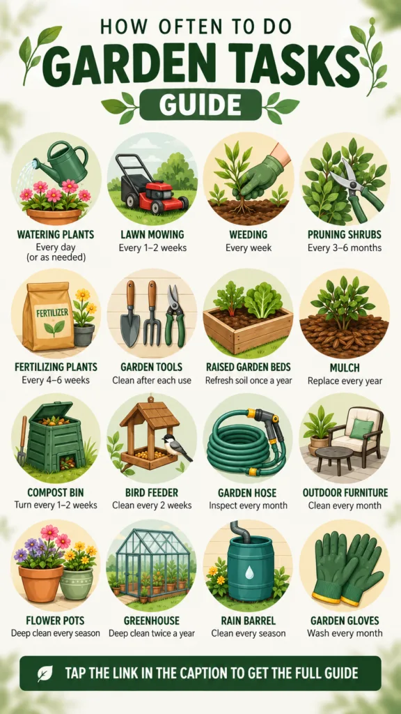 An infographic titled HOW OFTEN TO DO GARDEN TASKS GUIDE with a grid of 16 circular illustrations each depicting a garde