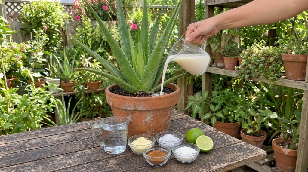 A hand pouring a milky liquid from a small pitcher into the soil of a vibrant aloe vera plant in a terracotta pot On a r