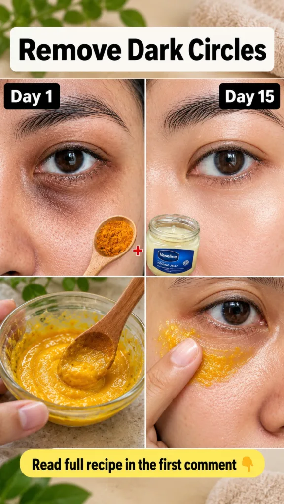 A multi-panel collage showing the process of preparing and applying a turmeric and Vaseline paste for dark circles with