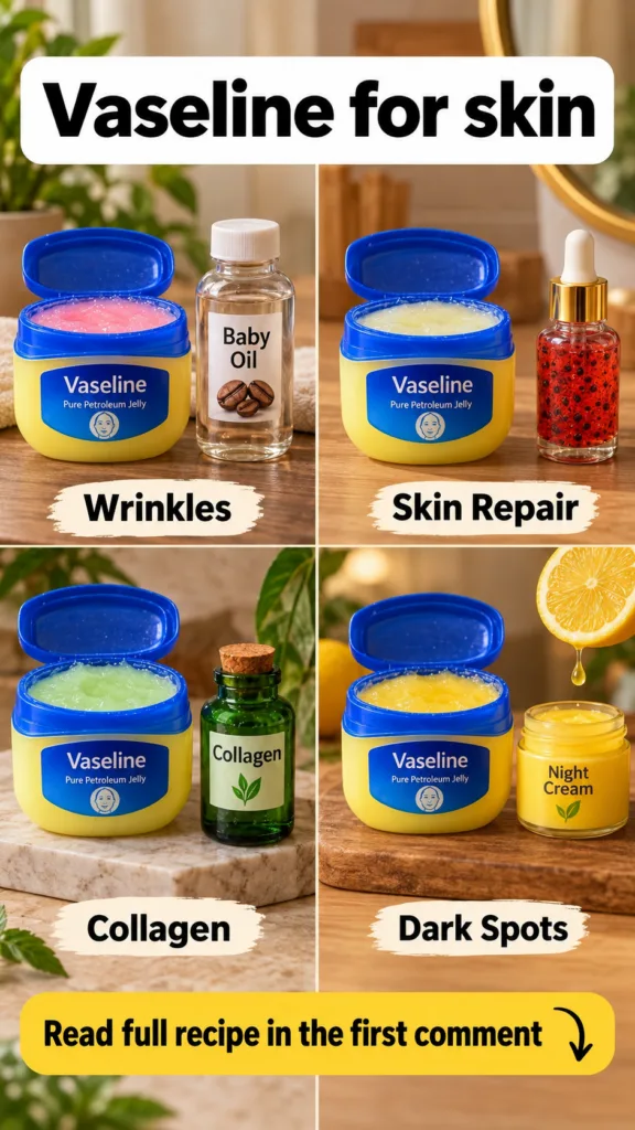 A four-panel collage showing different DIY skincare solutions with open Vaseline jars mixed with other ingredients like 