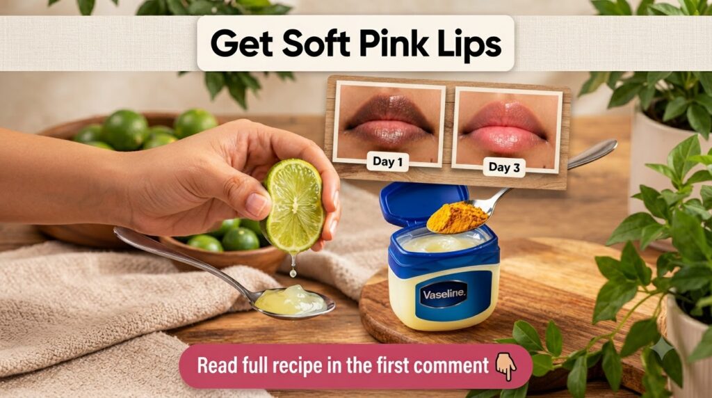 A collage-style image showing before-and-after lips from darker to pinker a hand squeezing lime juice onto a spoon with 