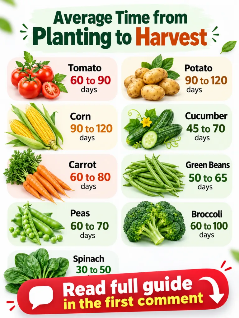 An infographic showing the average time from planting to harvest for various vegetables like tomatoes potatoes corn and 