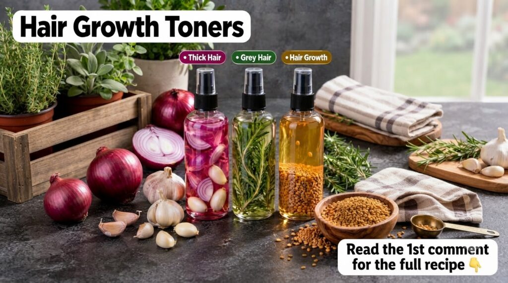 Three clear spray bottles filled with natural hair growth toners red onion and garlic rosemary sprigs fenugreek seeds on