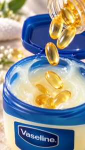 A close-up of a small jar of petroleum jelly Vaseline with several golden vitamin E capsules beside it and a small amoun