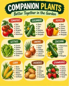 An infographic showing various companion planting pairs like tomatoes with basil corn with beans carrots with rosemary a